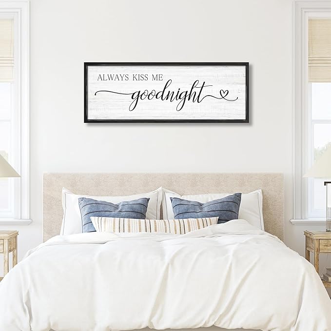 Always Kiss Me Goodnight Wall Sign Above Bed 41.3''×15'' Large Farmhouse Wall Decor for Bedroom Couples Room Decor Framed Wood Wall Art Rustic Master Bedroom Wall Decoration (black frame)