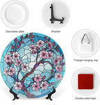 Stained Glass Theme Decorative Ceramic Plate Round Porcelain Plate,10 inch,Cherry Tree Pattern,for Decorative Ornaments Giving Plates, 1 Plate with 1 Display Stand,Blue Pink