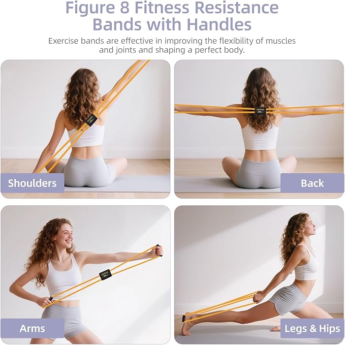 Figure 8 Resistance Bands with Handles for Women Men, Exercise Bands for Back, 8 Shaped Resistance Bands for Arms, Shoulder, Leg Stretching, Physical Therapy, Yoga, Pilates, Home Gym Workout Equipment