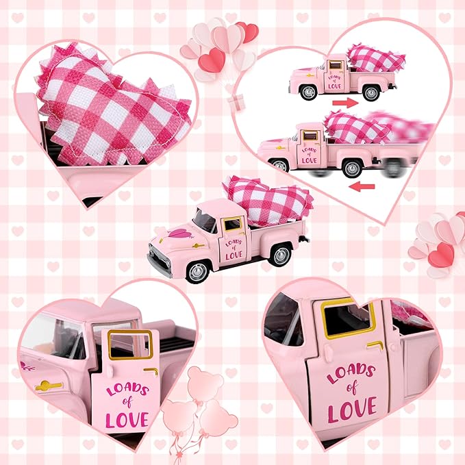 Valentine's Day Mini Metal Truck Romantic Love Model with Pink Hearts Vintage Metal Farm Pickup Truck Farmhouse Tiered Tray Decor for Farmhouse Shelf Kitchen Table Home Decor