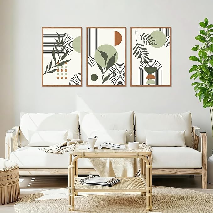KAlRNE Sage Green Boho Beige Framed Canvas Wall Art Set of 3(16”X24”),Abstract Geometric Line Leaf Wall Decor,Botanical Minimalist Neutral Art Prints For Living Room Bedroom Office