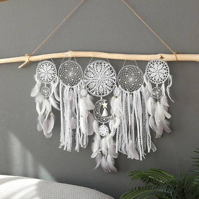 Boho Dream Catcher Wall Hanging Set of 5 Large Moon Dream Catchers with Luxurious Feathers and Beads, Handcrafted Wall Decoration for Bedrooms, Nurseries and Living Rooms (White)