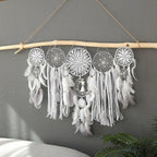 Boho Dream Catcher Wall Hanging Set of 5 Large Moon Dream Catchers with Luxurious Feathers and Beads, Handcrafted Wall Decoration for Bedrooms, Nurseries and Living Rooms (White)
