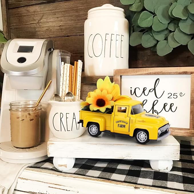 Sunflower Metal Truck with Flowers Farm Truck Decor Vintage Farm Farmhouse Table Tiered Tray Decor Home Kitchen Mantel Shelf Bookshelf Mini Truck Decorations