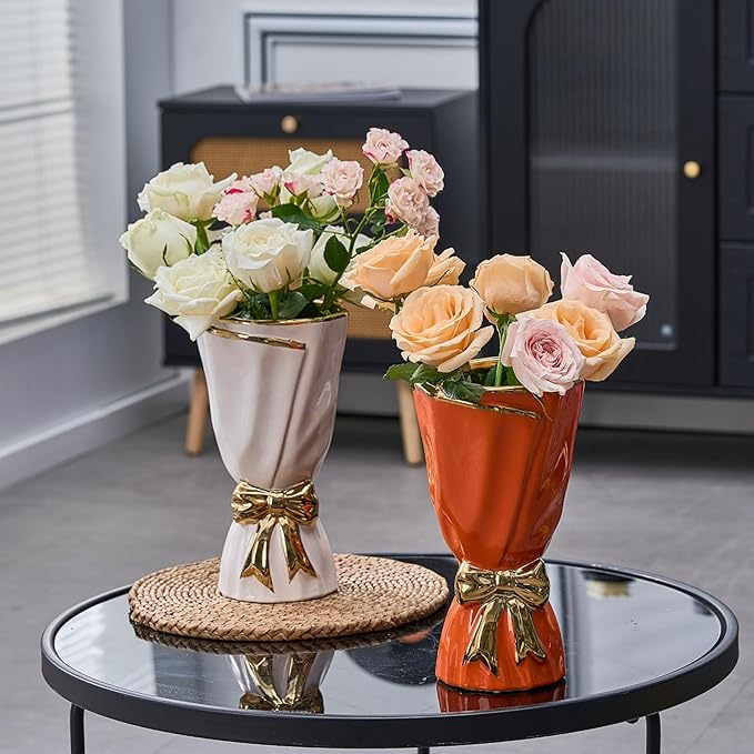 White and Gold Vase, Bow Vase for Home Decor, White Flower Vases for Boho Style, 9.65 Inch Large Vases for Ideal Table Decor, Ceramic Bouquet. （Glazed Exterior and Interior） (White, Large)