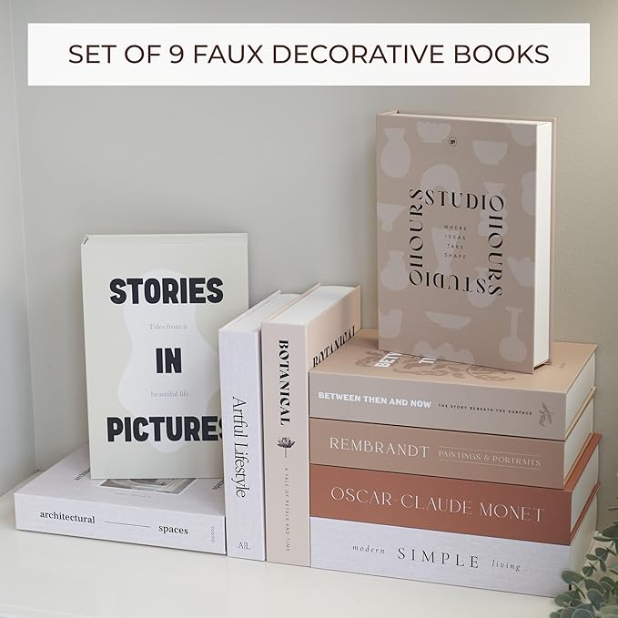 Beautiful Decorative Books - Set of 9 Boxes Enhance Your Coffee Table, Bookshelf or Mantel Shelf Decor - Aesthetic Fake/Faux Books for Modern Home Decoration, Photo Storage and as a Keepsake Box