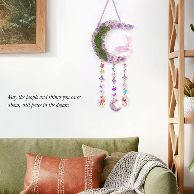 Fairy Purple Forest Deer Crystals Dream Catchers Christmas Gemstone Sun Catcher with Star&Flowers Ornament Handmade Dreamcatcher Wall Decor for Adults Boys Girls Bedroom Wedding Garden Bless Gift