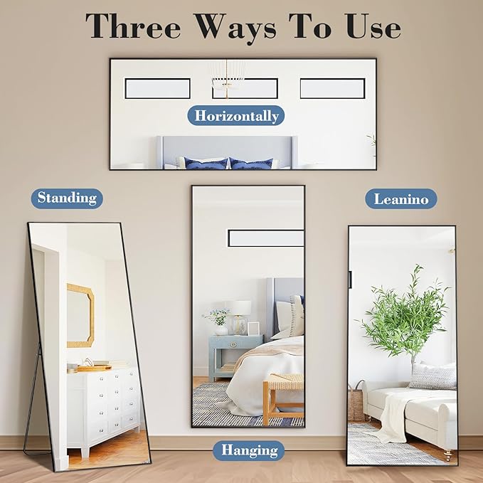 DUMOS 64"x21" Full Length Mirror with Stand, Floor Standing Aluminum Frame, ShatterProof Nano Glass for Bedroom, Living Room, Cloakroom Modern Simple Home Decor, Can Be Hanging, Leaning or Wall, Black