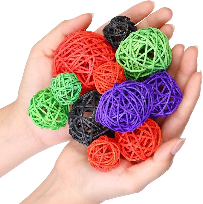 Patelai 36 Pcs Wicker Rattan Balls Decorative Balls for Vase Centerpiece Bowls Orbs Filler for Home Decor,4 Sizes(Orange, Purple, Black, Neon Green,2.4'',2'',1.6'',1.2'')
