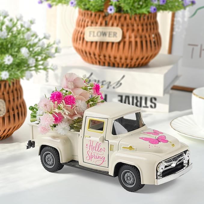 Mothers Day Spring Butterfly Truck Decor, Pink Spring Floral Truck Decorations for Home, Mini Wildflowers Truck Tiered Tray Decor, Rustic Farmhouse Kitchen Tabletop Decorations for Office