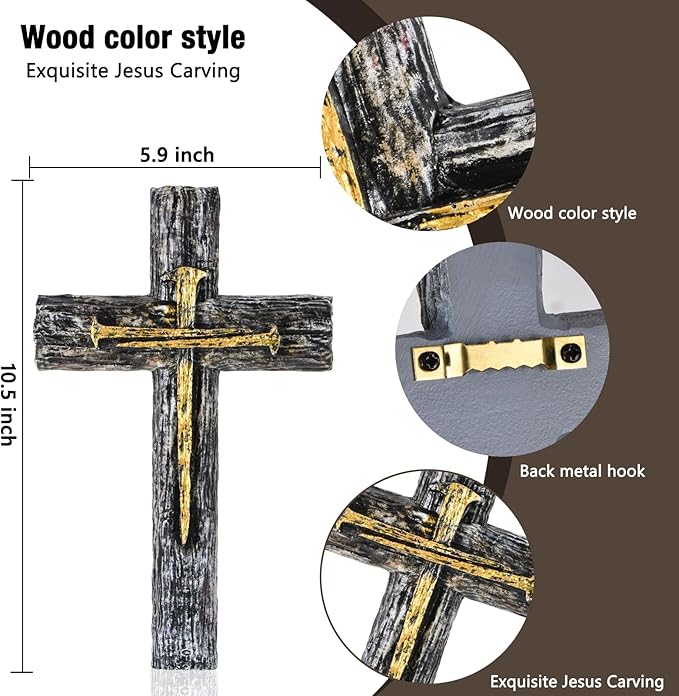 NCPLYGOU Crucifix Wall Cross, Catholic Cross for Wall with Metal Hook, Layered Wood Like Resin Crosses Wall Decor for Church Office Home Baptism, Jesus Wall Art Christian Gifts, Father's Day