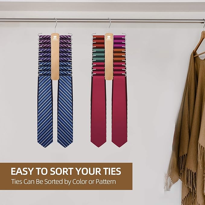 ZEDODIER Wooden Tie Rack, Tie Hanger for Men Closet, 20 Storage Capacity, Non-Slip Rotatable Tie Organizer, Hanging Space Saving Holder, Natural
