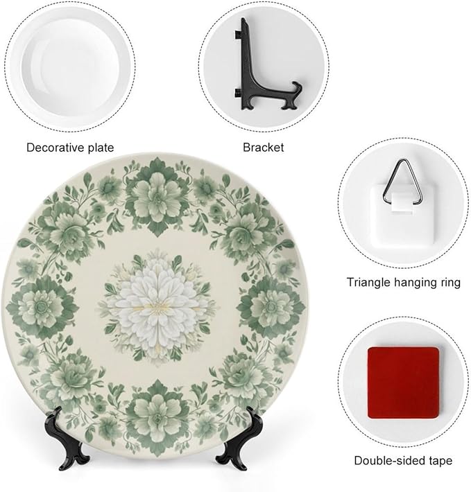 Flowers Theme Decorative Ceramic Plate Round Porcelain Plate,6 inch,Botanical Watercolor Pattern,for Decorative Ornaments Giving Plates,1 Plate with 1 Display Stand,Green White