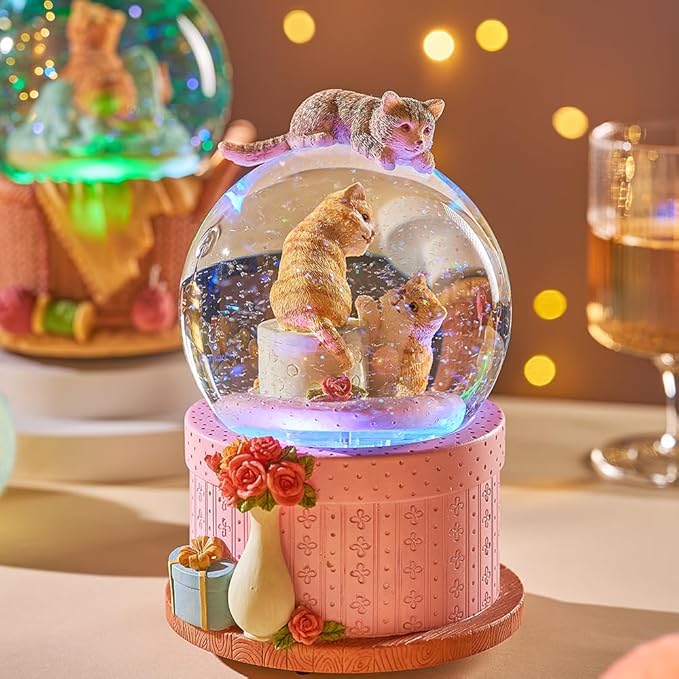 LOVE FOR YOU Gift Wrapped Music Box Cat Lovers Flower Basket Musical Snow Globe Decoration for Girls and Women Kids Niece Sister Daughter Mom Granddaughter Grandma Christmas Birthday Present