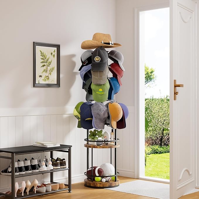 Keebofly 360° Rotating 5-Tier Hat Rack Stand - Large Capacity Freestanding Hat Storage, Hat Organizer for Baseball Caps with Metal & Wood Shelves, Holds 150+ Hats, Ideal for Vendor Booth & Home