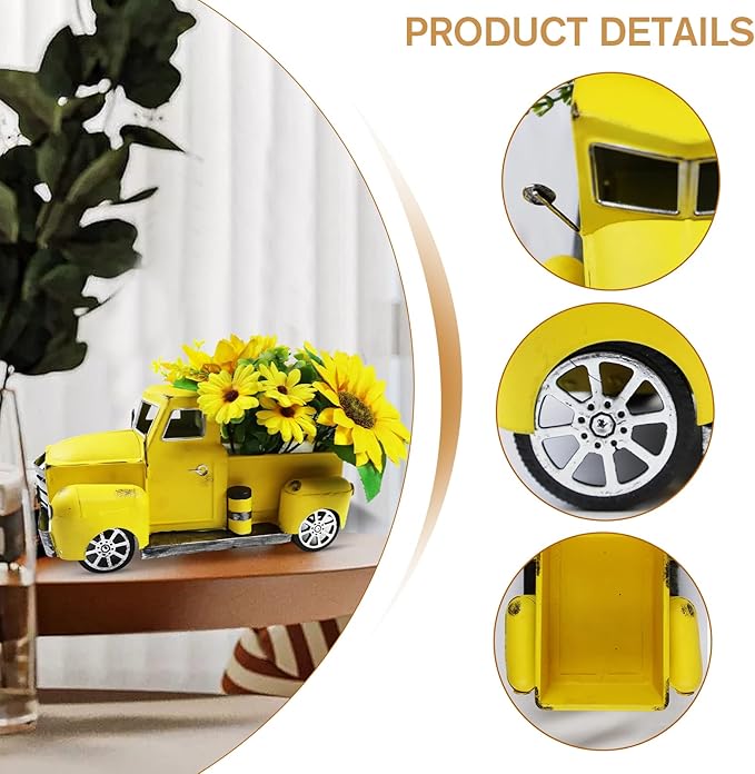 Metal Truck Decor with Artificial Flower Vintage Farm Pickup Farmhouse Tabletop Tiered Tray Decor, Rustic Farmhouse Decor for Table Top Decor Home Kitchen(Yellow)