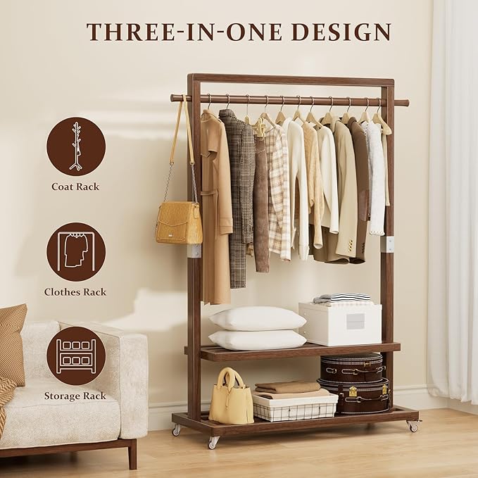 Solid Wood Clothes Rack with Wheels | 3-in-1 Freestanding Garment Rack & Coat Tree, Extra-Long Rod, Two Shelves, 220 lb Load | Organizer for Bedroom & Entryway