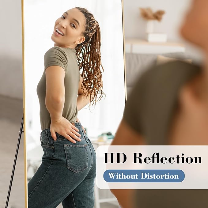 DUMOS 26"x68" Full Length Mirror with Stand, Floor Standing Aluminum Frame, Shatter-Proof Nano Glass for Bedroom, Living Room, Cloakroom – Modern Simple Home Decor,Can Be Hanging or Leaning, Gold