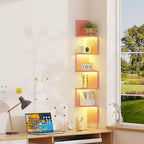 Qupui 5-Tier Corner Shelf with LED Lights, 49 Inch Floating Wall Mounted Corner Shelf for Bedroom Living Room Bathroom, Pink Corner Bookshelf Display Stand with RGB Lighting