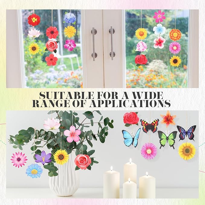 Colingmill 60 Pcs Summer Ornaments for Tree 3.15'' Summer Wooden Flower Butterfly Sunflower Ornaments Spring Wood Hanging Tree Decoration for Birthday Wedding Baby Shower Party Decoration