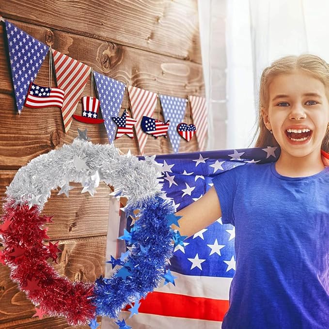 Patriotic Wreath for Front Door Red White Blue Wreath 4th of July Wreaths for Door Wall Memorial Day Decor Independence Day Hanging Decoration for Outside Home Farmhouse Holiday (Shiny A)
