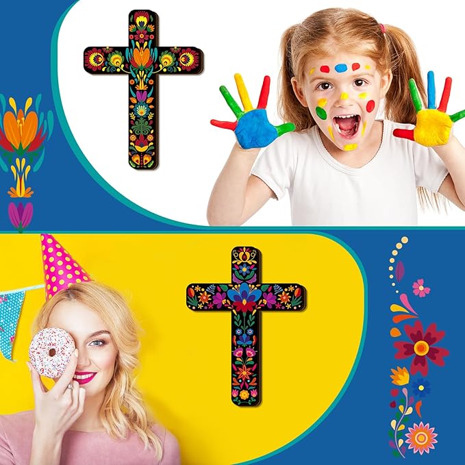 Soaoo 6 Pcs Floral Cross Wall Decor Mexican Home Decor Hand Painted Inspirational Wooden Cross The Ofrenda of The Dead Day Sugar Skull Wall Art Spanish Style Crucifix for Home Room Church Decoration