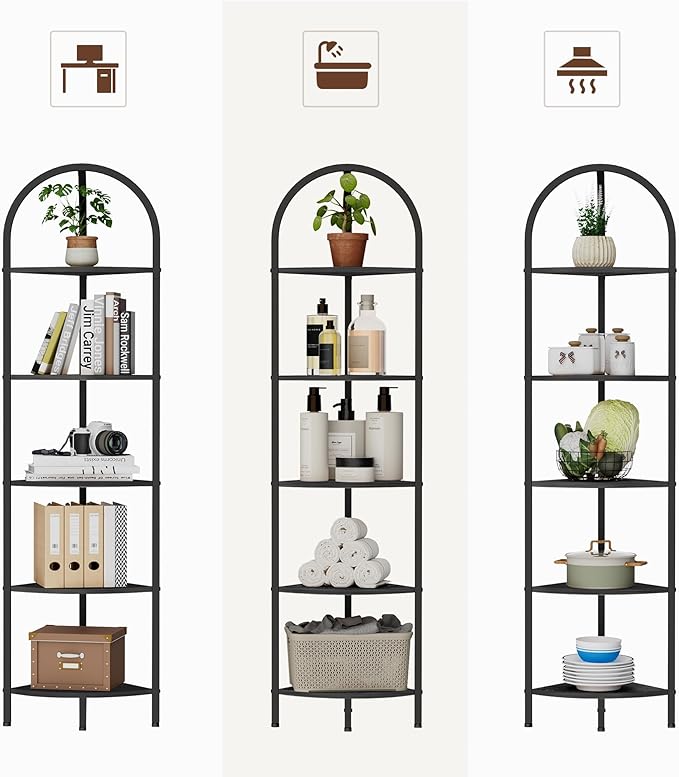 Homhedy 5-Tier Arched Corner Shelf Stand, Wall Corner Bookshelf with Metal Frame, Plant Stand, Industrial Storage Rack Shelf for Living Room, Bedroom, Office, Bathroom, Black