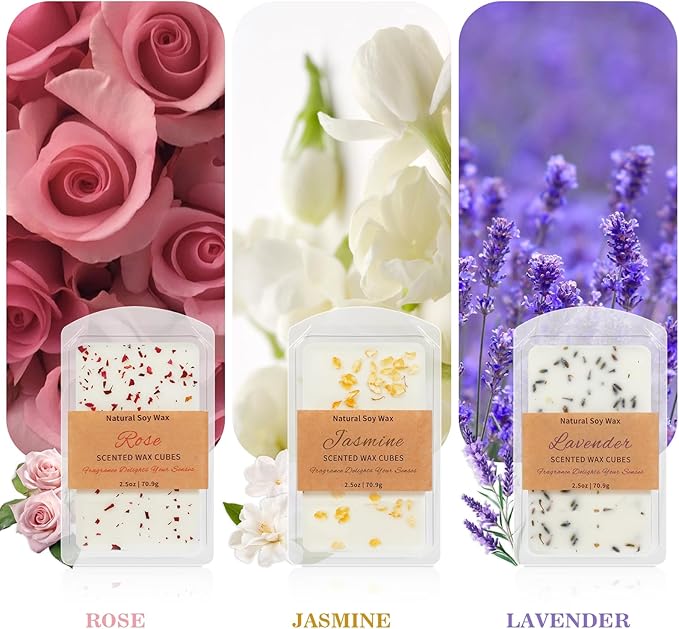 SCENTORINI Wax Melts, Premium Wax with Essential Oil, Natural Dried Flower, Rose, Lavender, Jasmine, Scented Wax Melts, 70.9g x 3, for Women/Men
