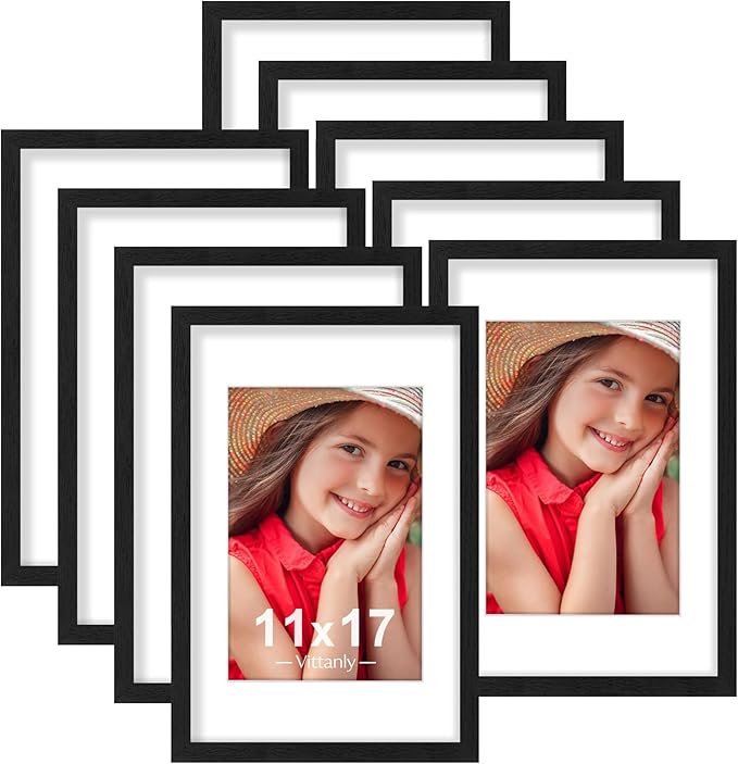 Vittanly 11x17 Picture Frames Set of 9, Shatter Resistant Plexiglass, Display 8x12 Pictures with Mat or 11x17 without Mat, Photo Frames for Wall Mount, Engineered Wood, Black