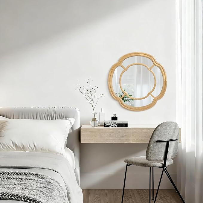 Wall Mounted Mirror, Wooden Round Framed Mirror Irregular Wavy Hanging Decorative Mirrors for Living Room Bedroom and Entryway Home 20 Inch Decor