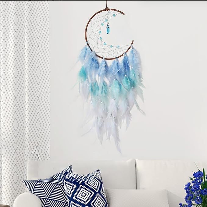 Blue Moon Dream Catcher Wall Decor Feather Dream Catchers with Pendant Handmade Dreamcatcher Wall Hanging Ornament for Bedroom Living Room Home Decor