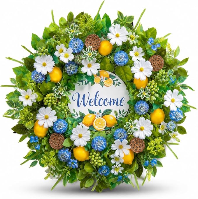 Spring Summer Wreaths for Front Door 24 Inch,Summer Wreath with Artificial Lemon,Daisy,Hydrangea & Lotus Pods,Door Wreath for Indoor Outdoor Farmhouse Home Decor