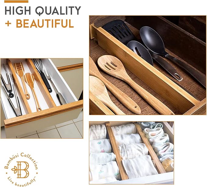 Bambüsi 4-Pack Bamboo Drawer Dividers - 2.6" High, 12.5"-17" Adjustable Drawer Organizers for Clothes, Expandable Dresser Separators in Bedroom/Bathroom/Kitchen/Office Organization and Storage