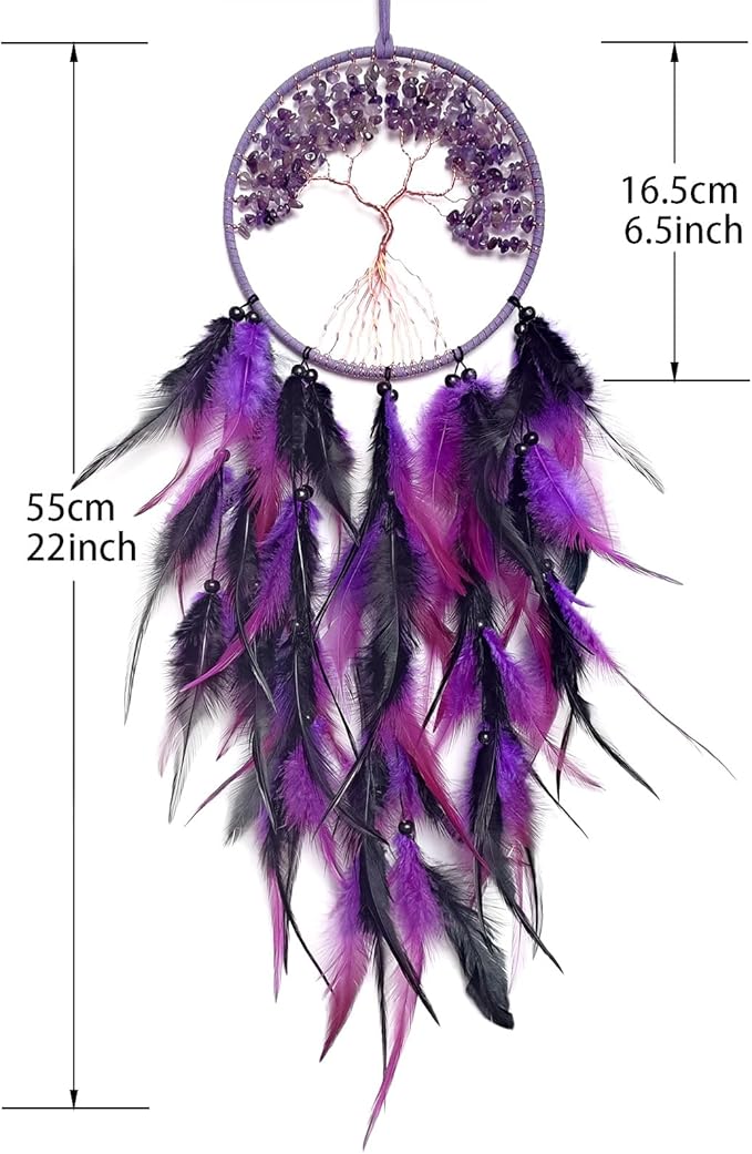 Black and Purple Dream Catcher Wall Decor Crystal Tree of Life Dream Catchers Handmade Feather Dreamcatcher Wall Hanging Ornament for Bedroom Living Room Home Decor