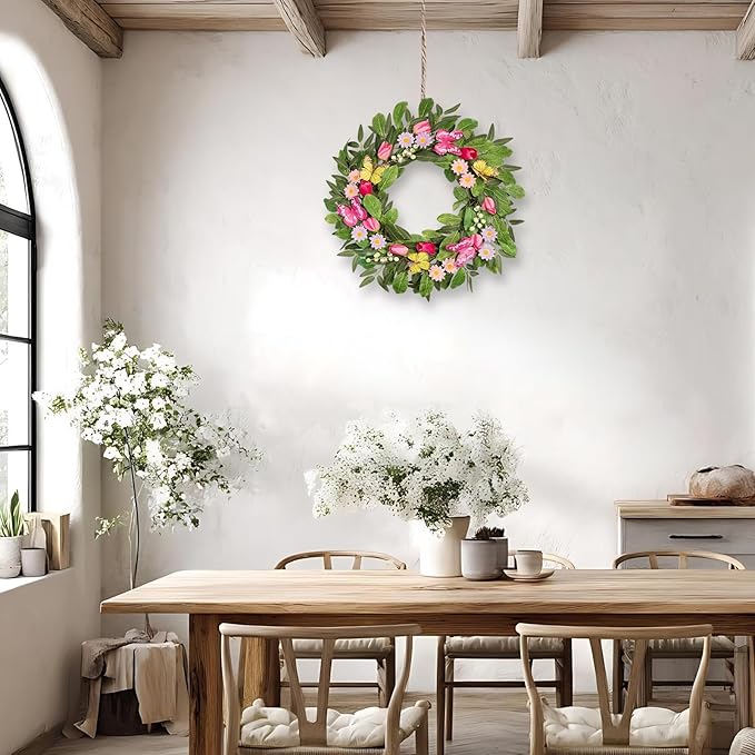 Artificial Spring Summer Wreaths with Tulips Daisies Butterflies Berries Olive Green Leaves Handmade Floral Wreath for Front Door Farmhouse Indoor Outdoor Wedding Home Decor