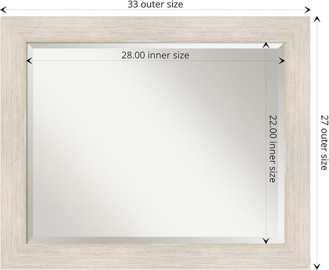 Amanti Art White Wall Mirror 27x33 Hardwood White Wash Rectangle Bathroom Mirror for Wall Decor Living Room, Large Country Rustic Wood Frame, Hangs Horizonally and Vertically, Bathroom Decor, Beveled
