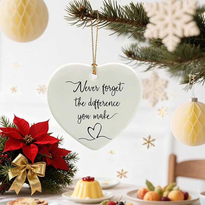 Never Forget the Difference You Make - Thank You Gifts, Appreciation Gift, Midwife Gift, Farewell, Going Away, Goodbye, Inspirational, Retirement Gifts for Coworkers | Ceramic Heart Christmas Ornament