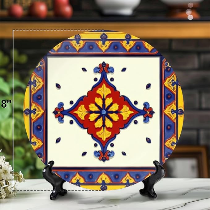Decorative Plates for Display 10" Colorful Ornate Floral Tile Design Red Yellow Blue Accents Ceramic Ornament with Display Stand and Hook Up for Wall Decor Hanging Festival Wedding Gift