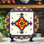 Decorative Plates for Display 8" Colorful Ornate Floral Tile Design Red Yellow Blue Accents Ceramic Ornament with Display Stand and Hook Up for Wall Decor Hanging Festival Wedding Gift