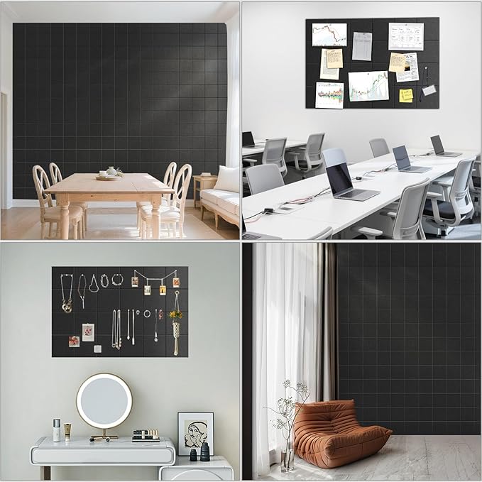 Large Felt Cork Board Alternative - 36" x 24" Black Bulletin Board with 30 Pushpins, 6 Pack Adhesive Cork Board, Sound Absorbing Fabric Wall Tiles, for Office Home Music Class