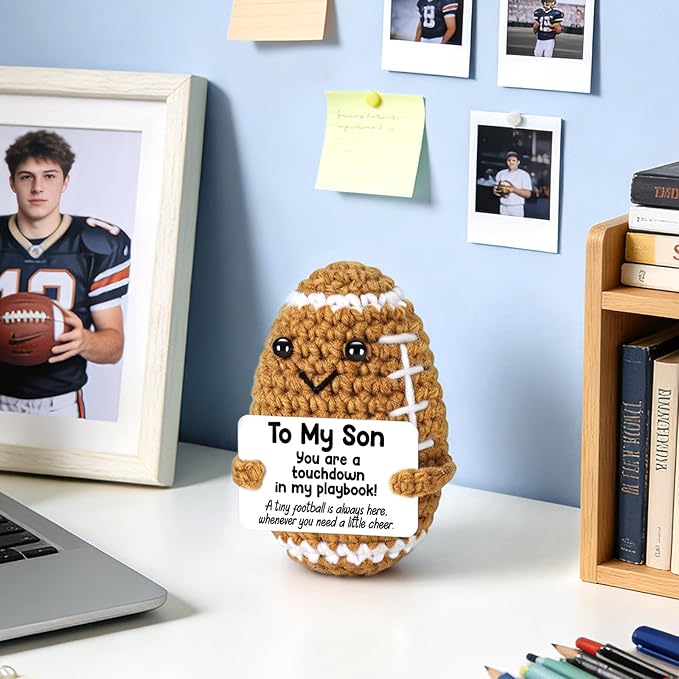 Belatelove Mini Funny Son Gifts from Dad Mom, Handmade Crochet Football with Inspirational Card, Fathers Day Birthday Gift for Son, Unique Football Doll for Desk Decor