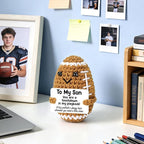 Belatelove Mini Funny Son Gifts from Dad Mom, Handmade Crochet Football with Inspirational Card, Fathers Day Birthday Gift for Son, Unique Football Doll for Desk Decor
