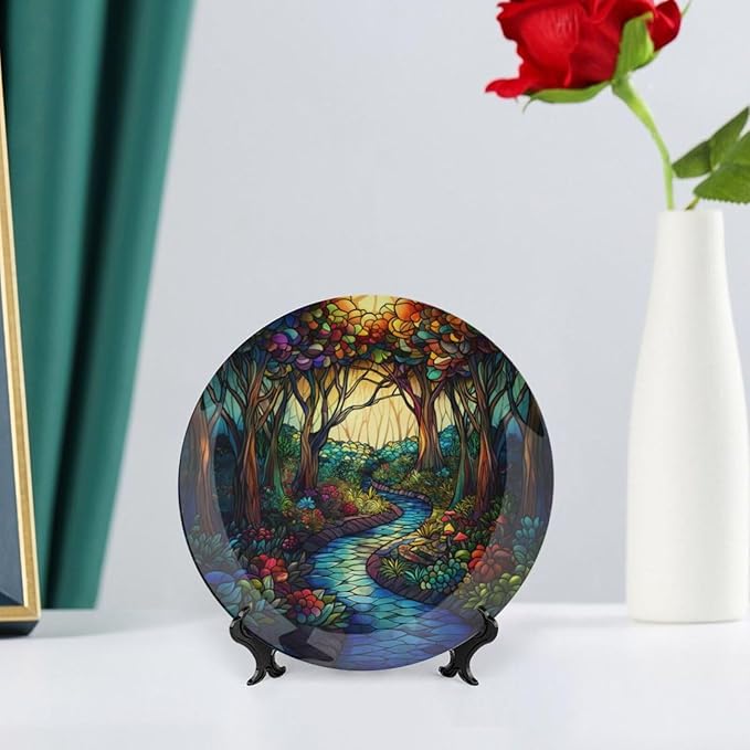 Stained Glass Theme Decorative Ceramic Plate Round Porcelain Plate,10 inch,Sunrise Forest Stream Pattern,for Decorative Ornaments Giving Plates, 1 Plate with 1 Display Stand,Multicolor