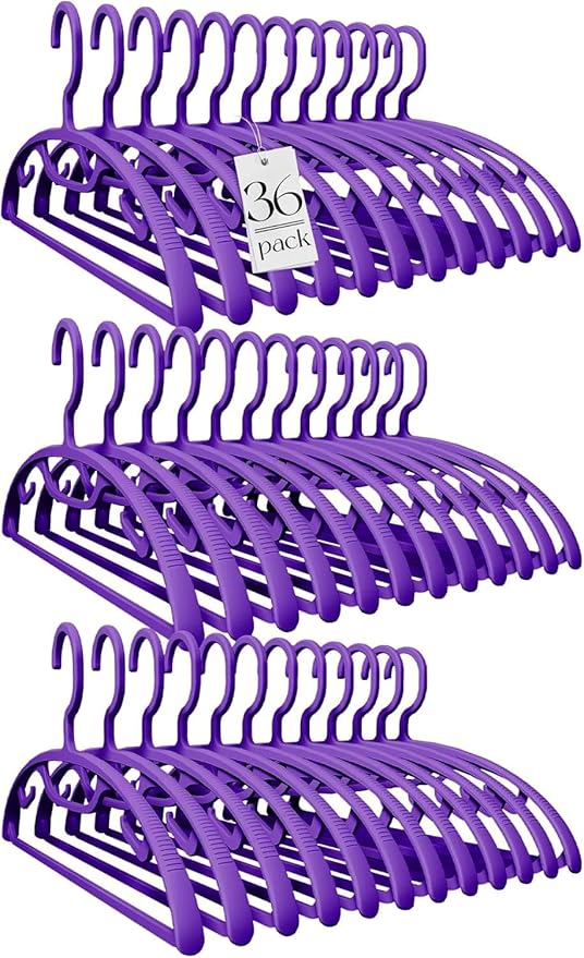 HOUSE DAY Plastic Clothes Hangers 36 Pack, Sweater Hangers No Shoulder Bump, Thick Heavy Duty Coat Hanger for Closet, Purple Wide Hanger with Non-Slip Hook for Sweaters, Suits, Dresses, Jackets, Pants