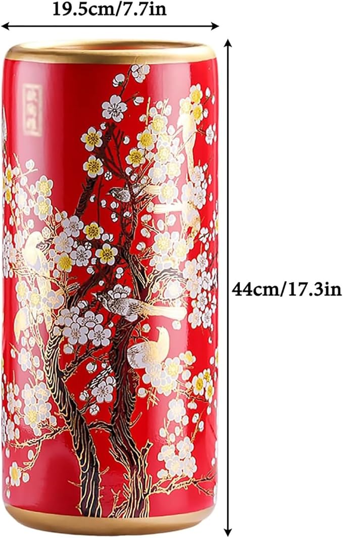 Luxurious Red Ceramic Umbrella Stand, Floor Standing Cane Holder Placed Multi-Functional Painted Porcelain Chinese Umbrella Holder Handmade Appliques Umbrella Stand, for Hotel Office Home Entrance