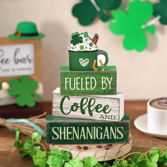 Moucuny 4 Pcs St Patricks Day Table Decoration Wooden Green Ice Cream Cup St. Patrick's Day Tiered Tray Decor Irish Centerpiece Green and White Happy St Patricks Coffee Bar Decor for Home Kitchen