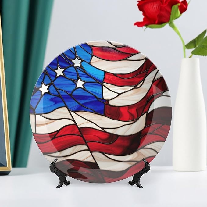 Decorative Plates, Blue Red USA Flag Stained Glass Painting Ceramic Dinner Plate Home Wobble-Plate with Display Stand, Wall Hanging Decor for Kitchen Household 10 Inch, Gifts for Patriotic