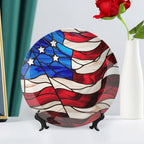 Decorative Plates, Blue Red USA Flag Stained Glass Painting Ceramic Dinner Plate Home Wobble-Plate with Display Stand, Wall Hanging Decor for Kitchen Household 10 Inch, Gifts for Patriotic