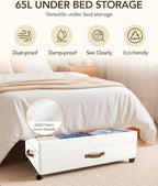 Under Bed Storage with Wheels, 10 inches Under Bed Storage Containers, 65L XXL Large Adjustable Underbed with Lids, Rolling Underbed Storage bins for Shoes, Clothes, Blankets, White