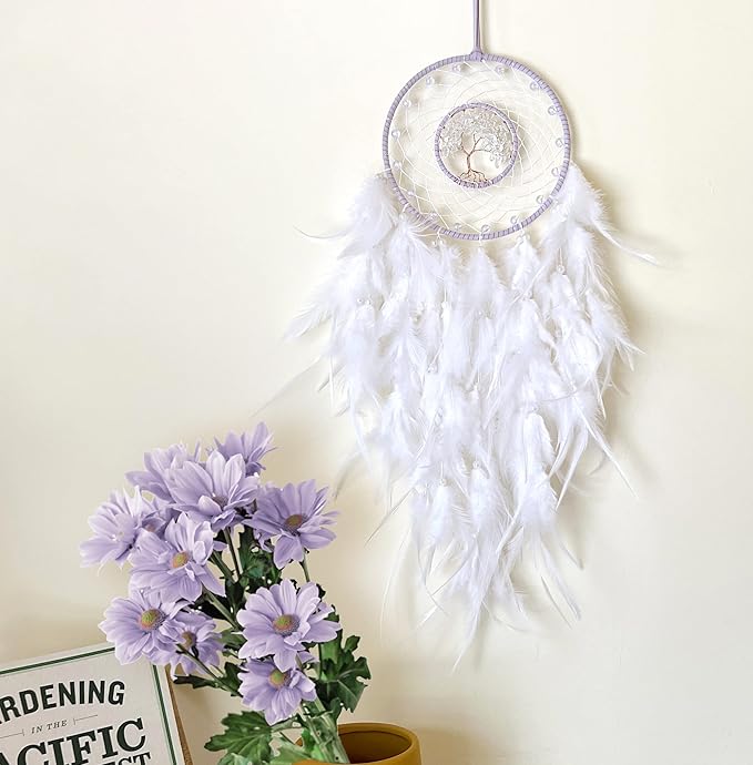Dream Catchers, White Dream Catcher Tree of Life Wall Decor, with Natural Healing Crystal Stone, Perfect Rock Crystal Handmade Dreamlike Dream Catchers for Bedroom Decor Art Craft Gift
